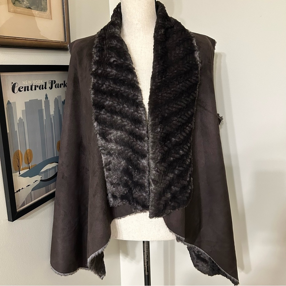 Adrienne Landau Reversible Brown Faux Fur & Faux Suede Draped Vest XL – New